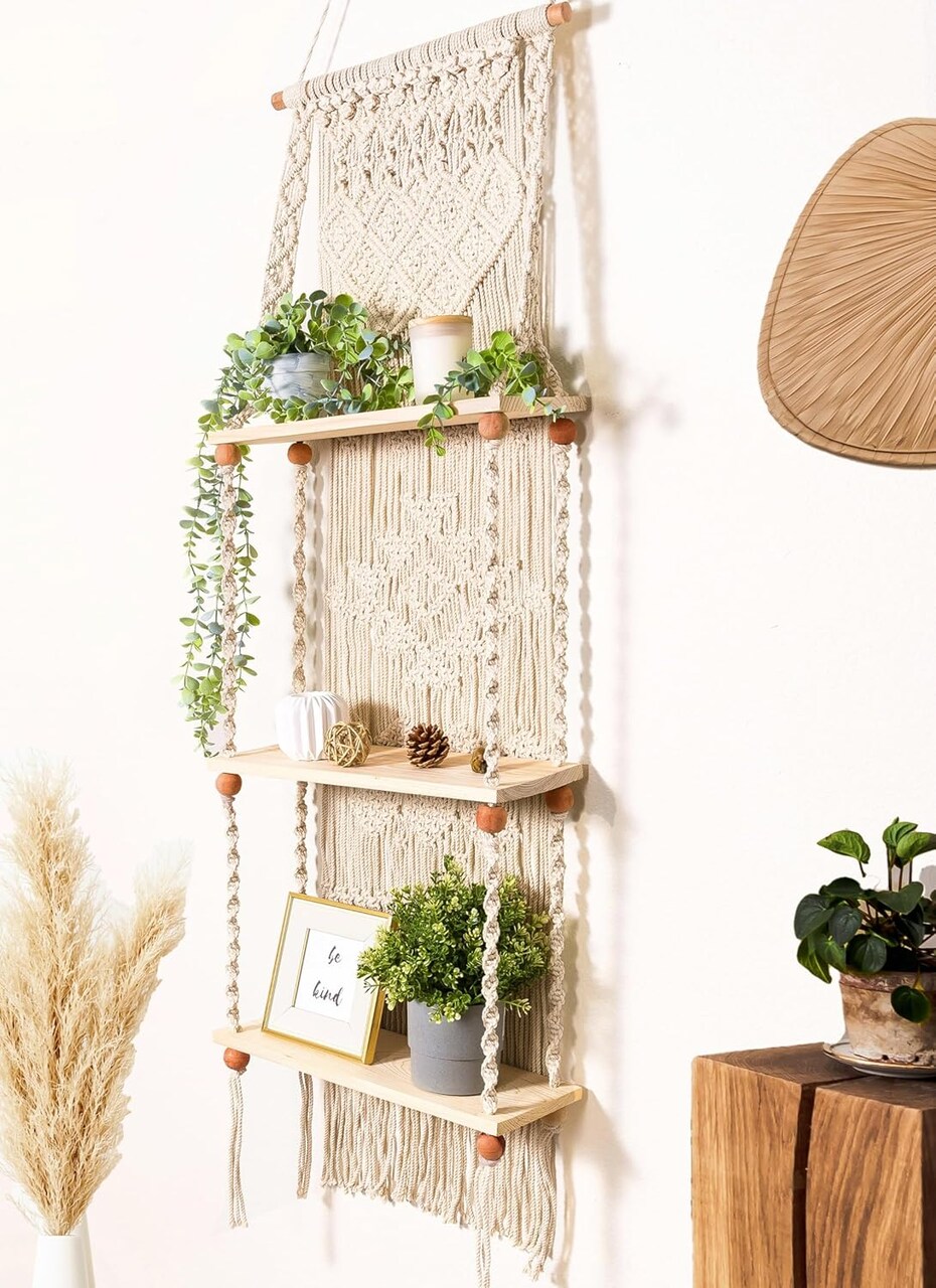 Macrame Wall Hanging Shelf 3 Tier Boho Wall Plant Hanger Shelves